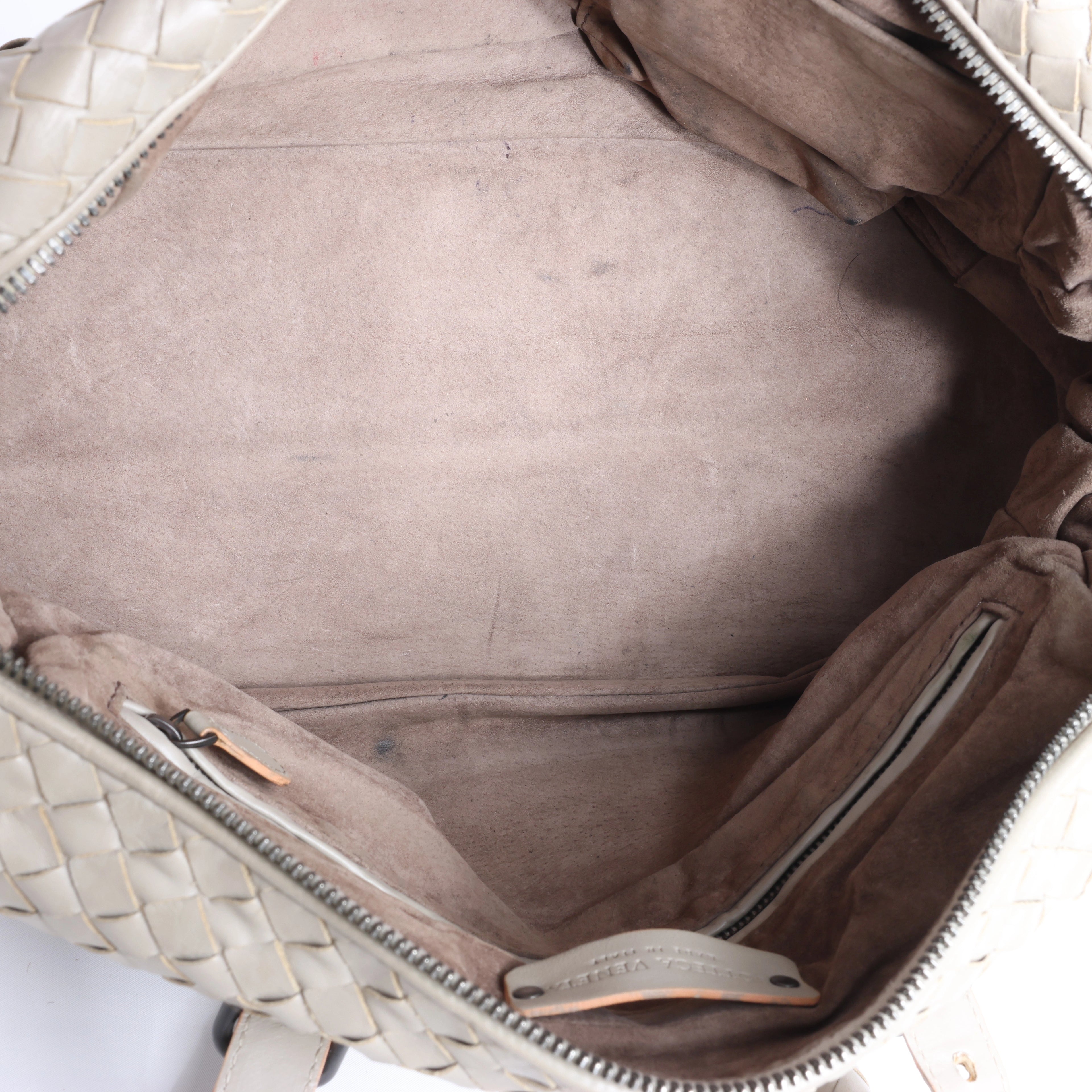 Bottega Veneta Boston Intrecciato Leather Handbag Light Gray
