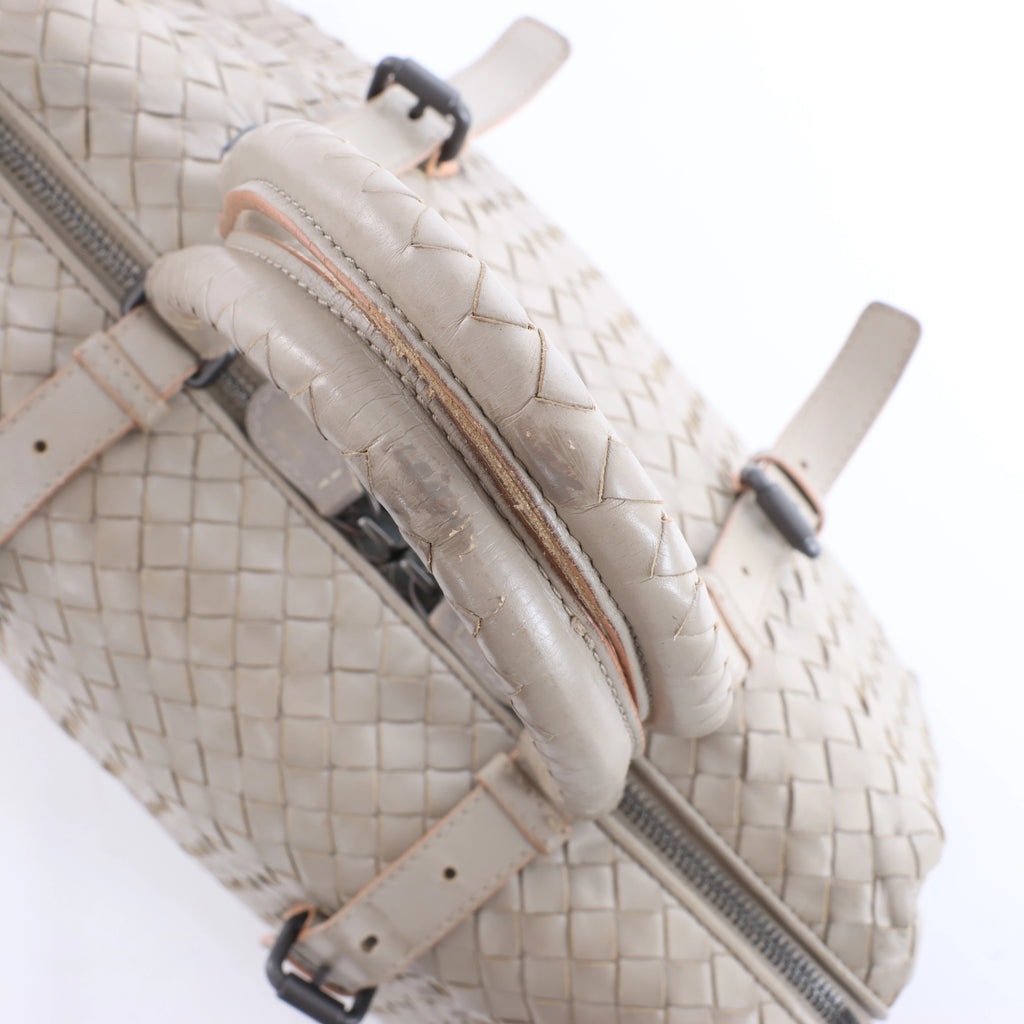 Bottega Veneta Boston Intrecciato Leather Handbag Light Gray