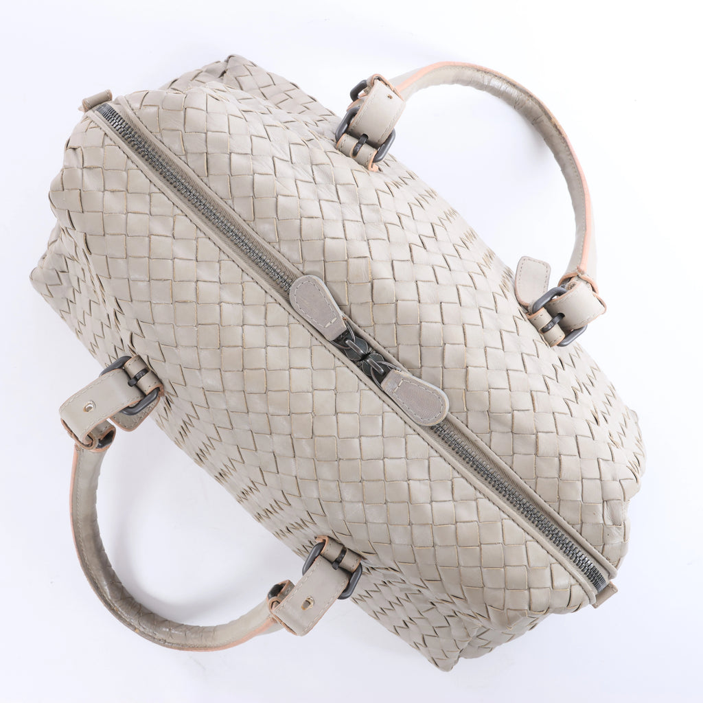 Bottega Veneta Boston Intrecciato Leather Handbag Light Gray