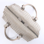 Bottega Veneta Boston Intrecciato Leather Handbag Light Gray