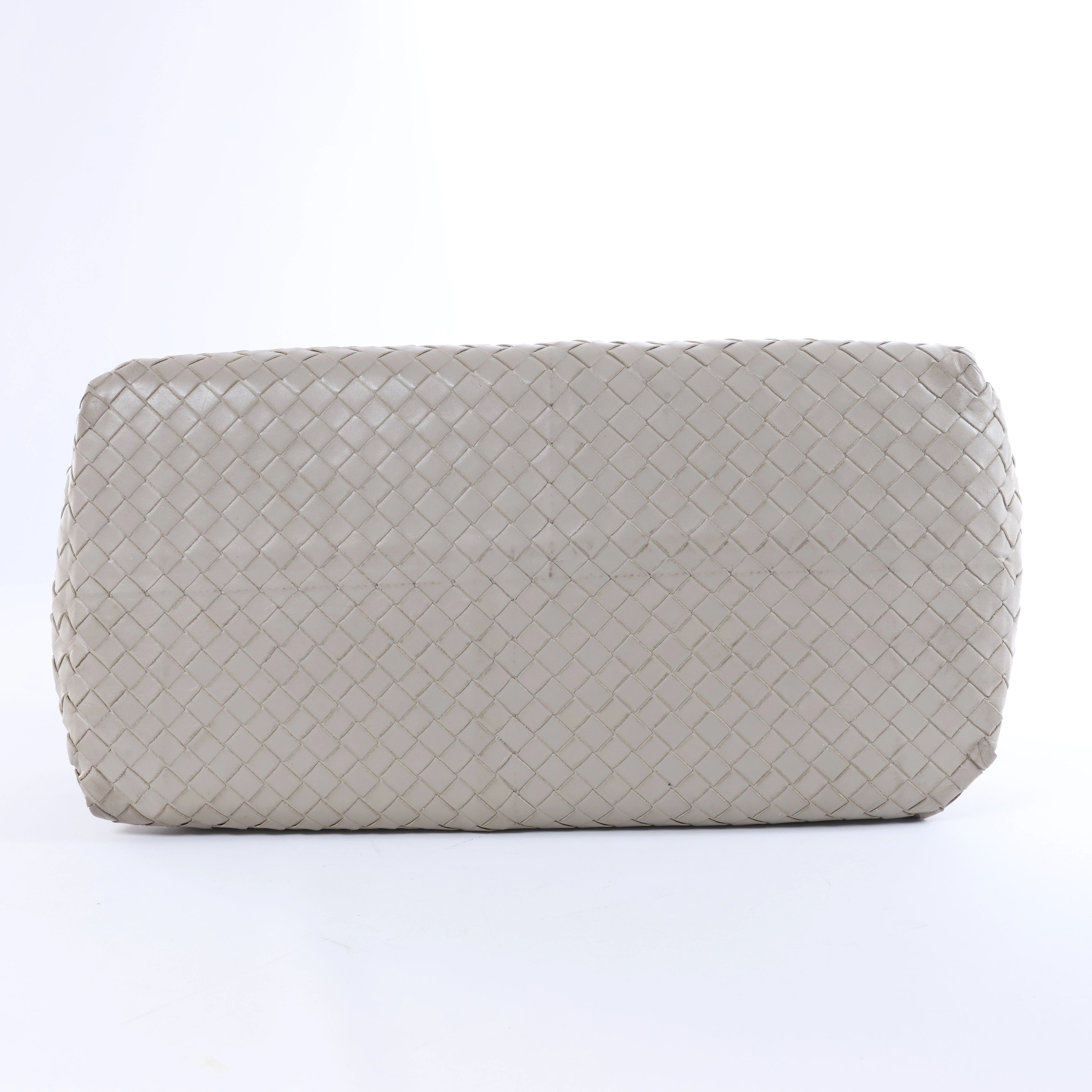 Bottega Veneta Boston Intrecciato Leather Handbag Light Gray