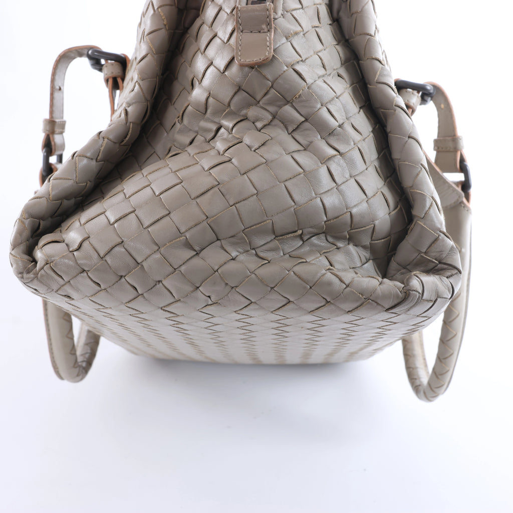 Bottega Veneta Boston Intrecciato Leather Handbag Light Gray