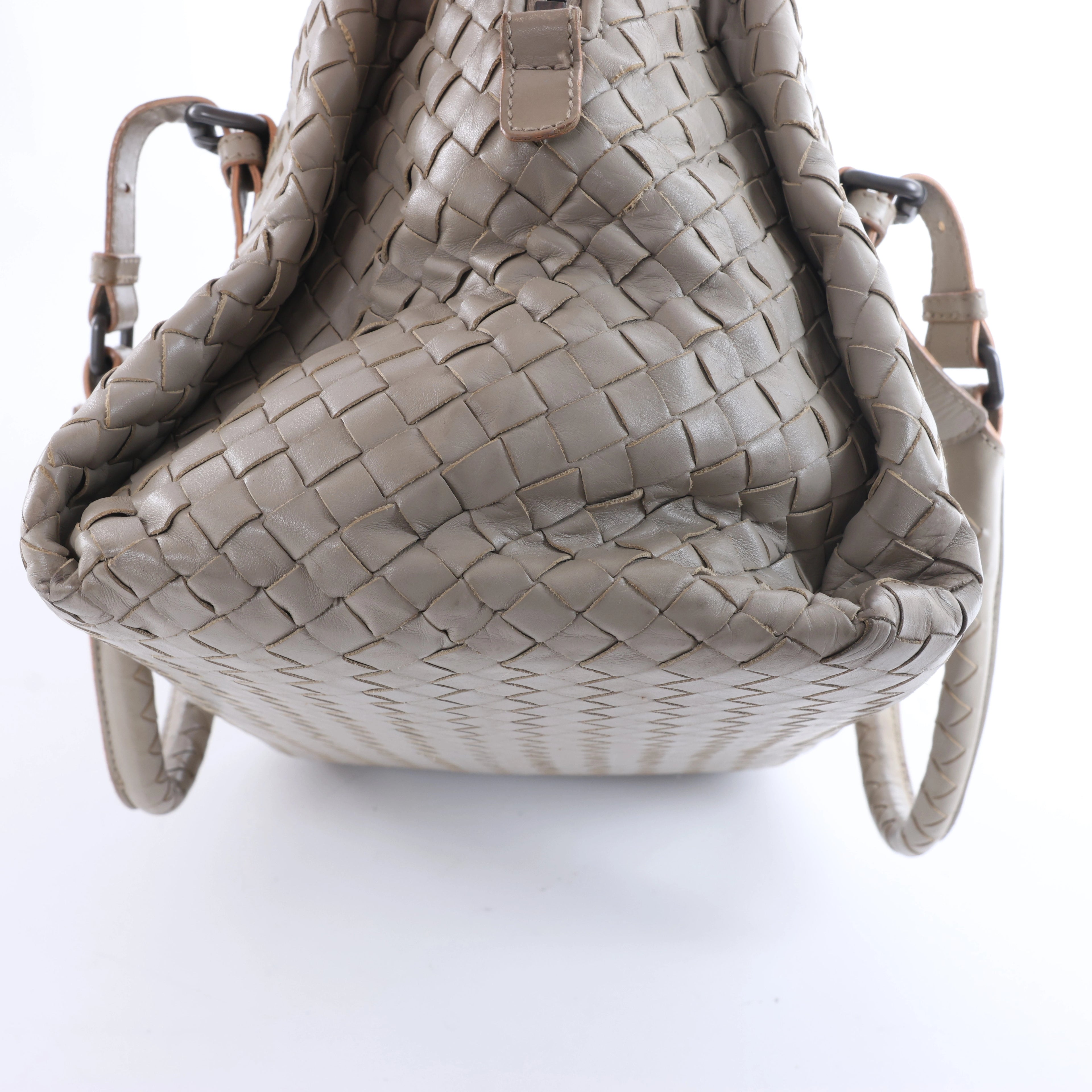 Bottega Veneta Boston Intrecciato Leather Handbag Light Gray