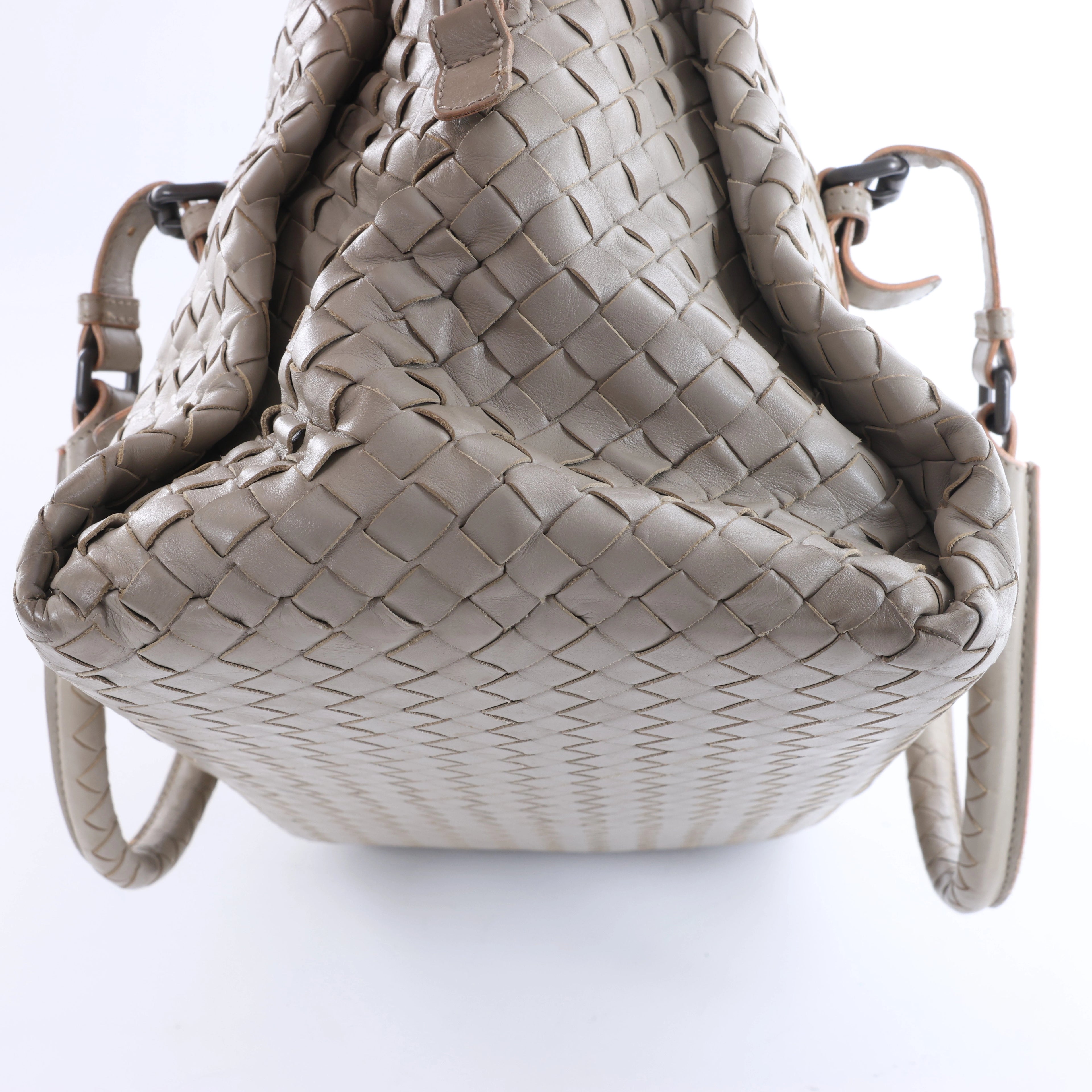 Bottega Veneta Boston Intrecciato Leather Handbag Light Gray