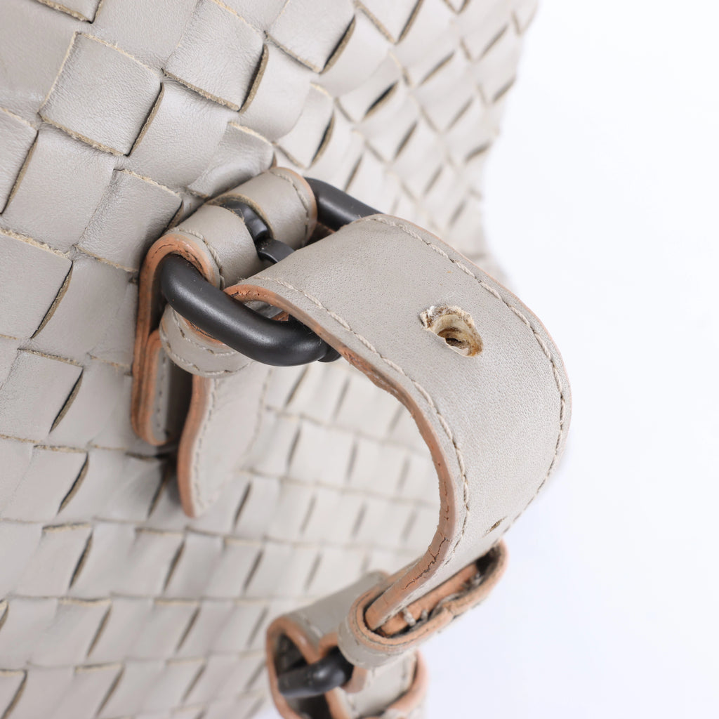 Bottega Veneta Boston Intrecciato Leather Handbag Light Gray