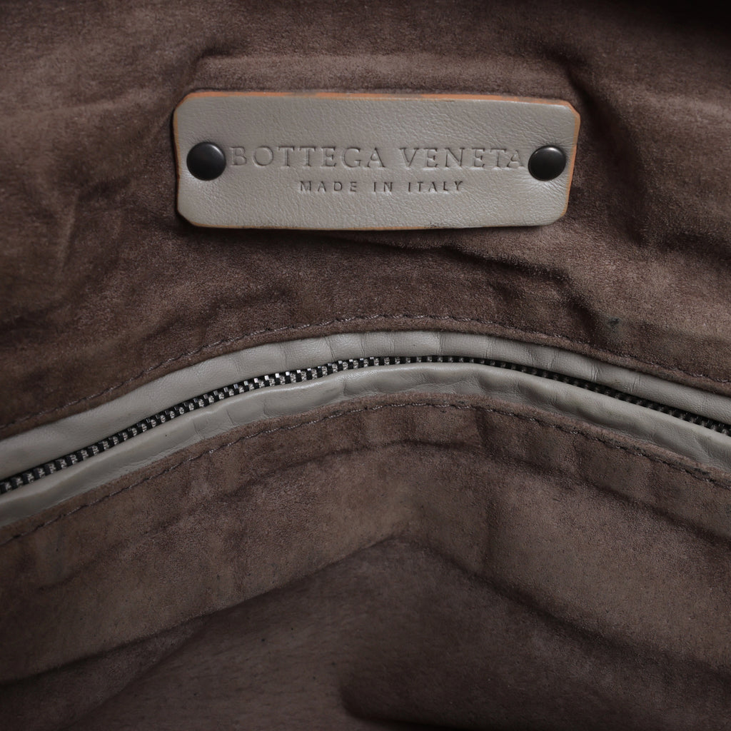 Bottega Veneta Boston Intrecciato Leather Handbag Light Gray