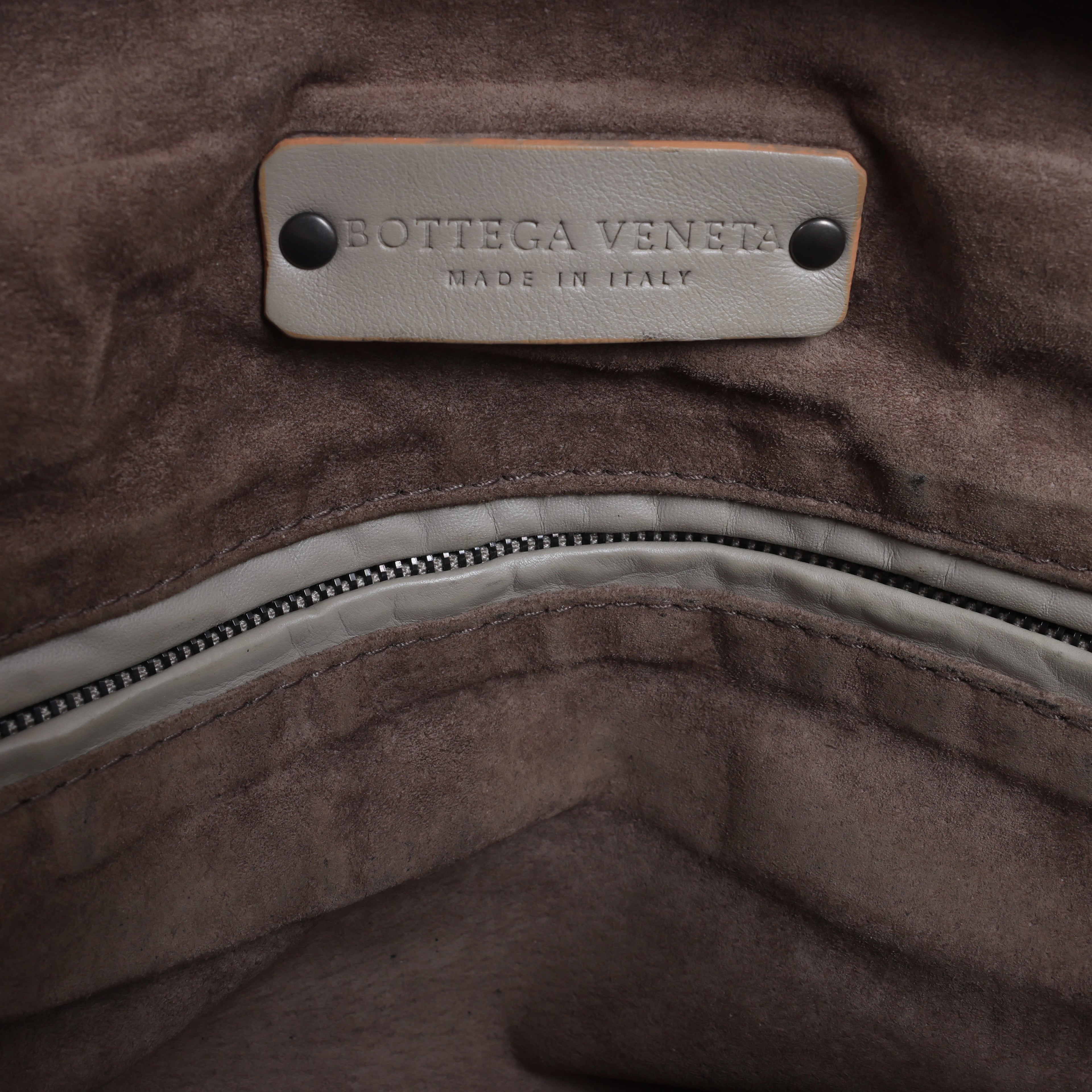 Bottega Veneta Boston Intrecciato Leather Handbag Light Gray