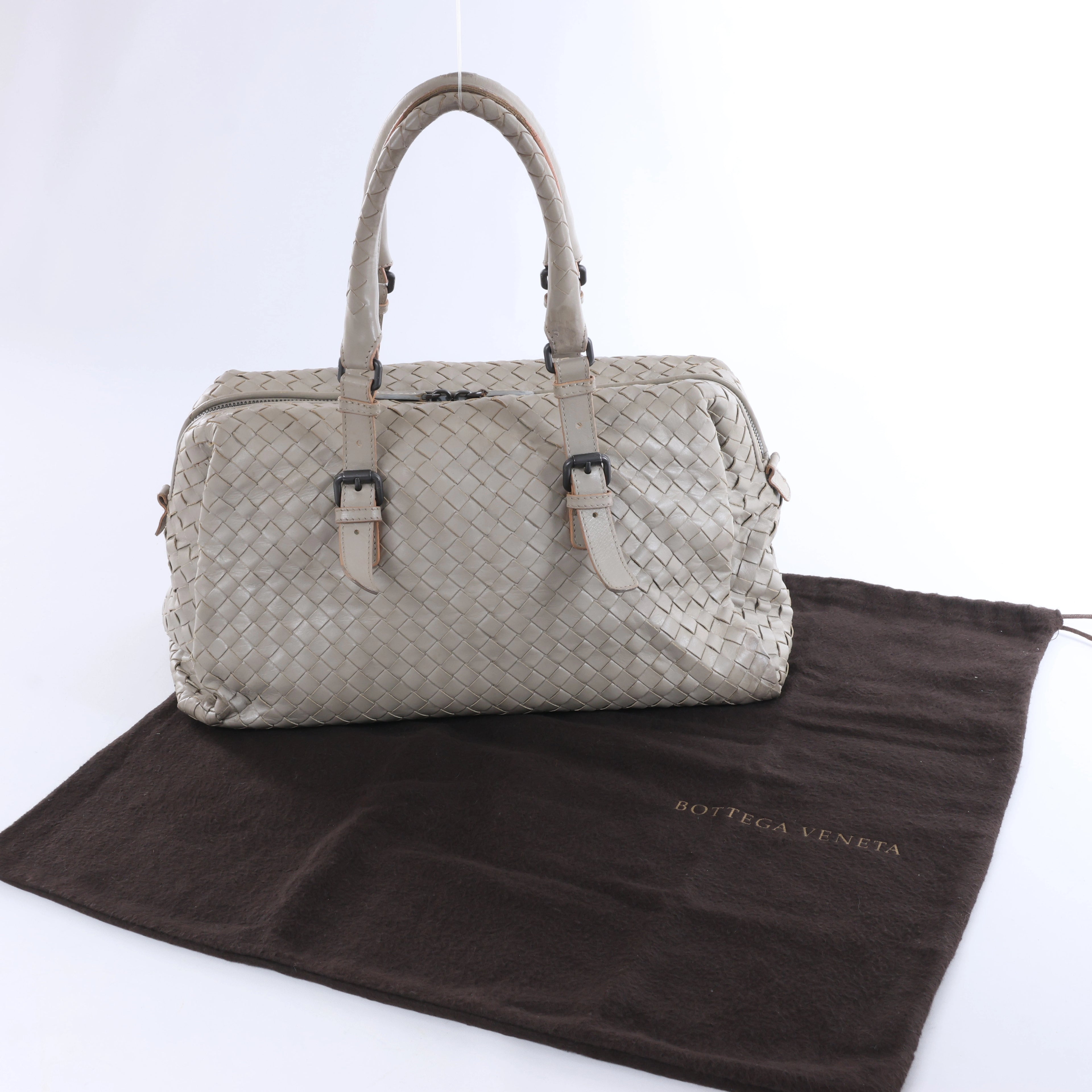 Bottega Veneta Boston Intrecciato Leather Handbag Light Gray