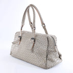 Bottega Veneta Boston Intrecciato Leather Handbag Light Gray
