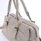 Bottega Veneta Boston Intrecciato Leather Handbag Light Gray