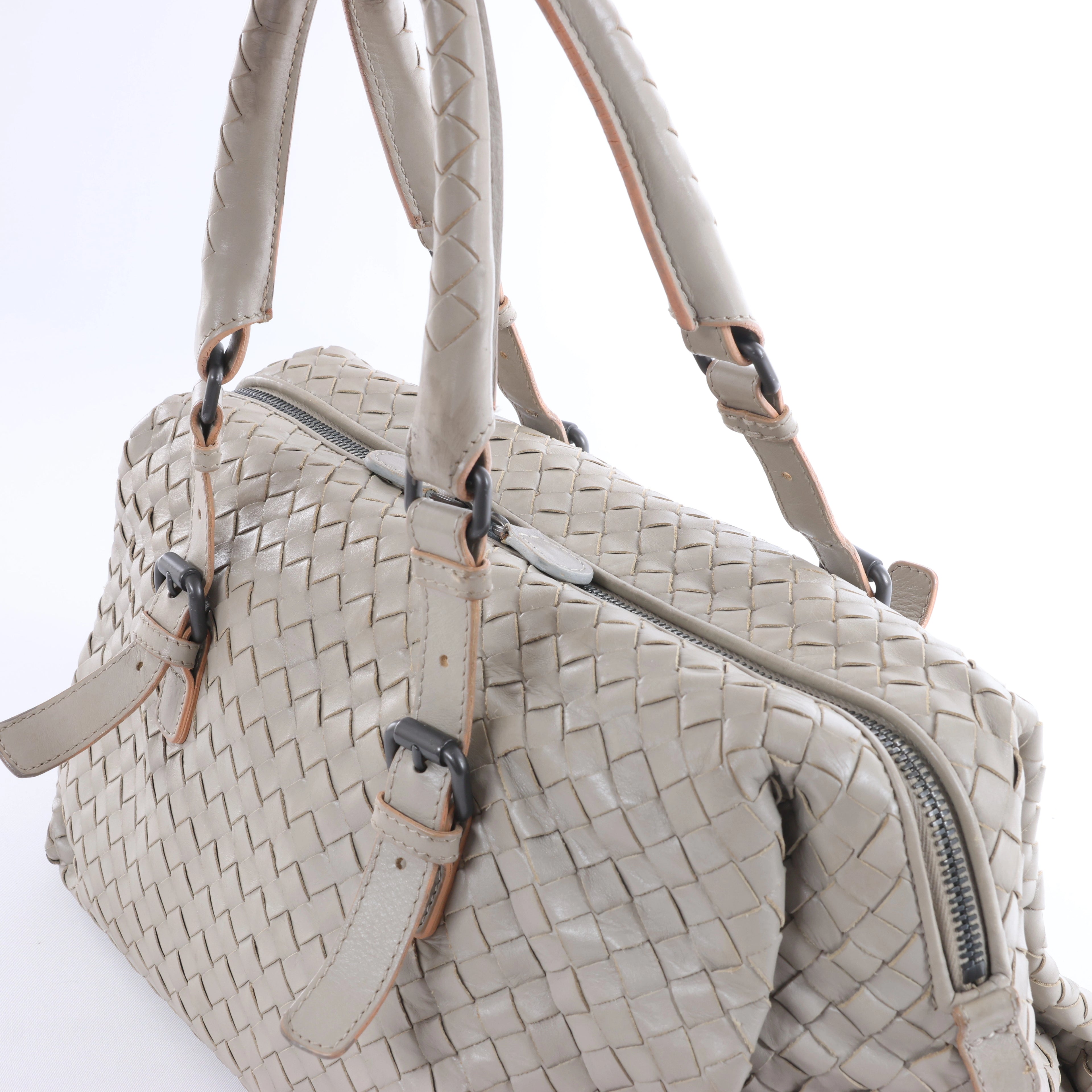 Bottega Veneta Boston Intrecciato Leather Handbag Light Gray