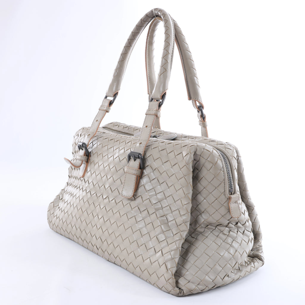 Bottega Veneta Boston Intrecciato Leather Handbag Light Gray