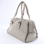 Bottega Veneta Boston Intrecciato Leather Handbag Light Gray