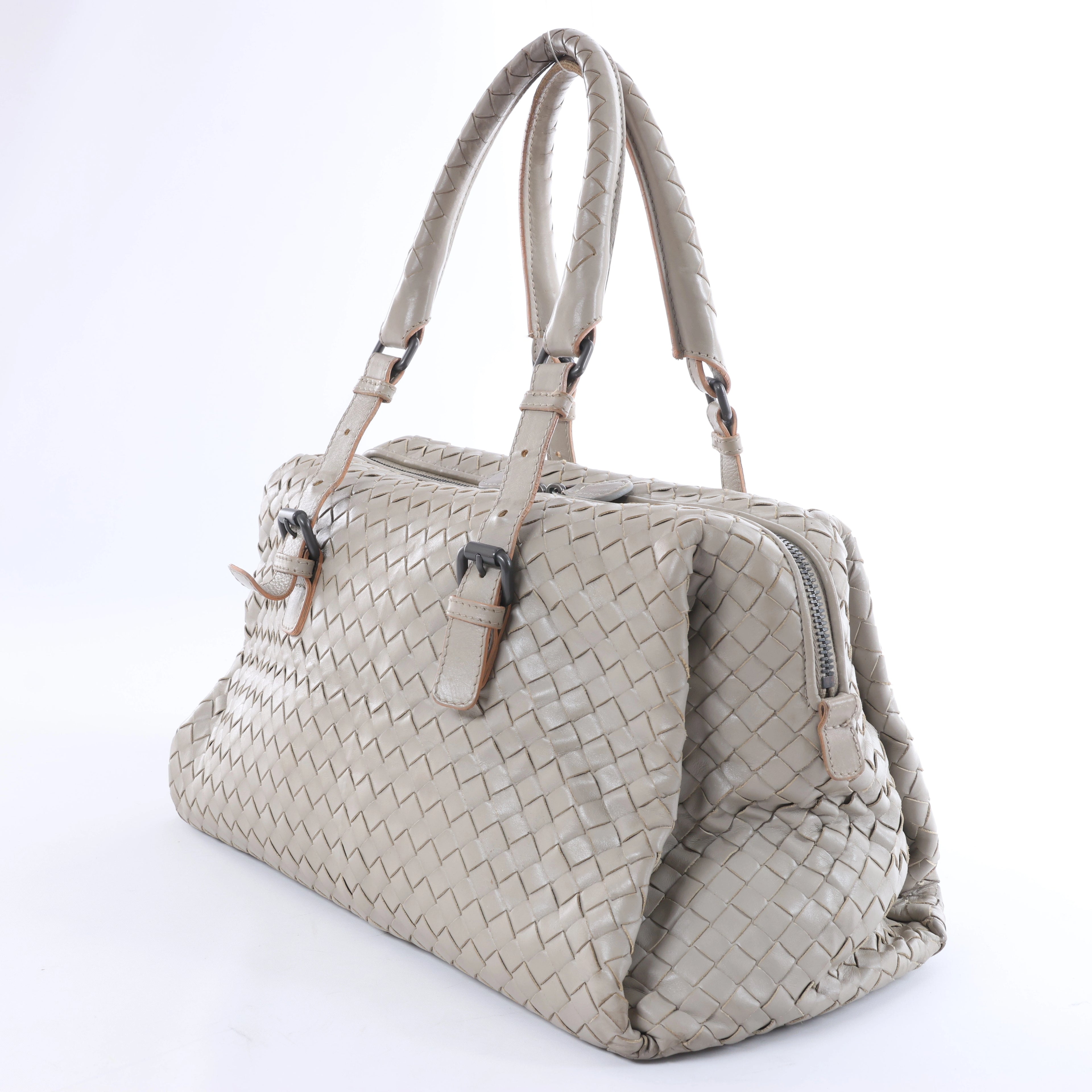 Bottega Veneta Boston Intrecciato Leather Handbag Light Gray