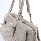 Bottega Veneta Boston Intrecciato Leather Handbag Light Gray