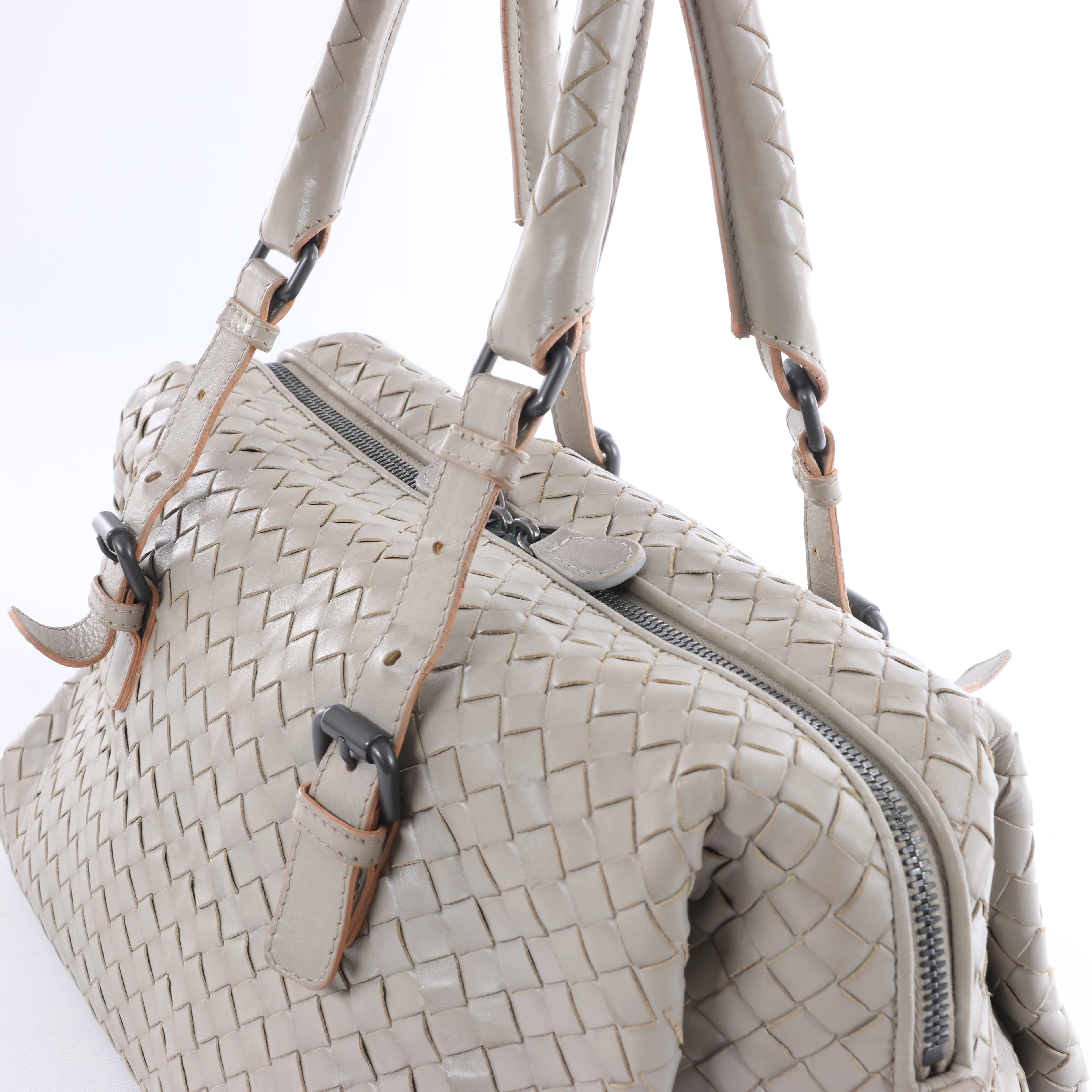Bottega Veneta Boston Intrecciato Leather Handbag Light Gray