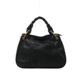 Front view of Bottega Veneta black woven leather bag with a chunky braided handle, gold-tone handle attachments and zip detailing along the sides.