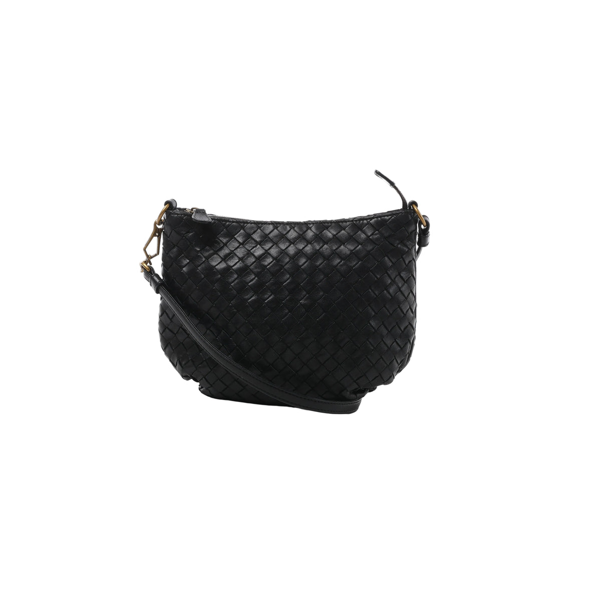A black Bottega Veneta shoulder bag in signature Intrecciato woven leather, featuring a curved zip-top design and a slender leather shoulder strap.
