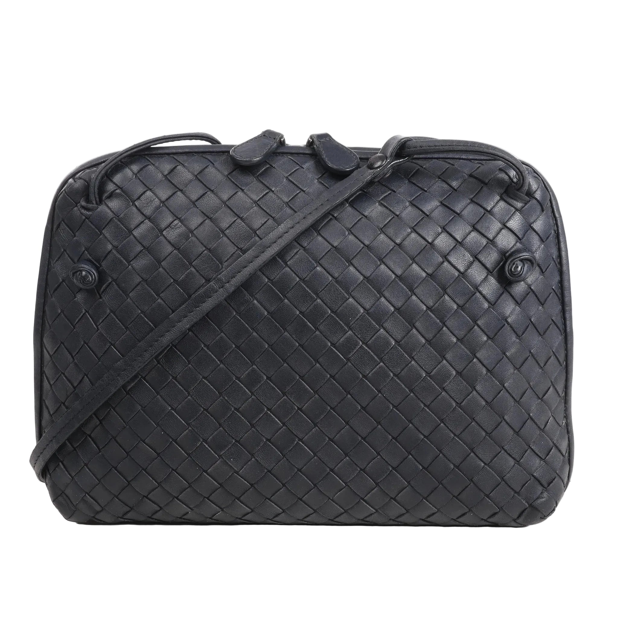 CELINE Nano Luggage 2Way handbag in black and white grained leather with top handles, front zip pocket, and detachable shoulder strap.