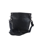 Bottega Veneta Intrecciato crossbody messenger bag in black woven leather with an adjustable shoulder strap, black hardware and bucket-style silhouette on a white background.