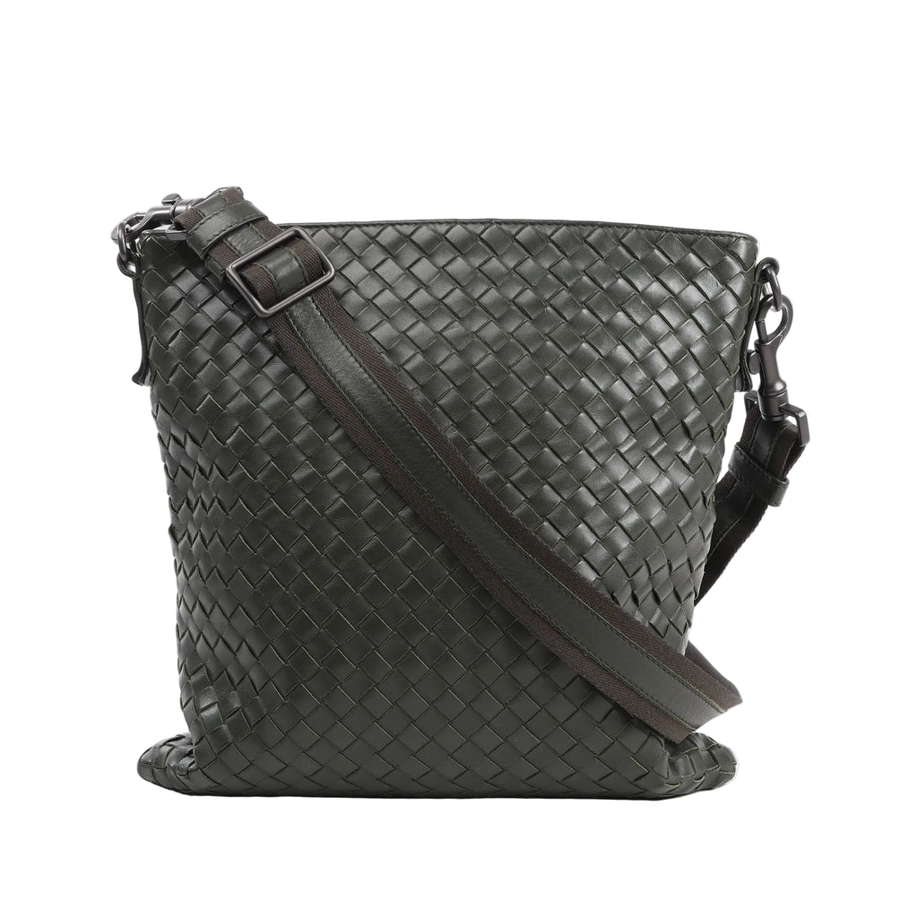 Bottega Veneta Nappa Intrecciato VN Crossbody Messenger Bag in green woven leather with an adjustable leather and fabric shoulder strap and gunmetal-tone hardware, displayed upright against a white background.