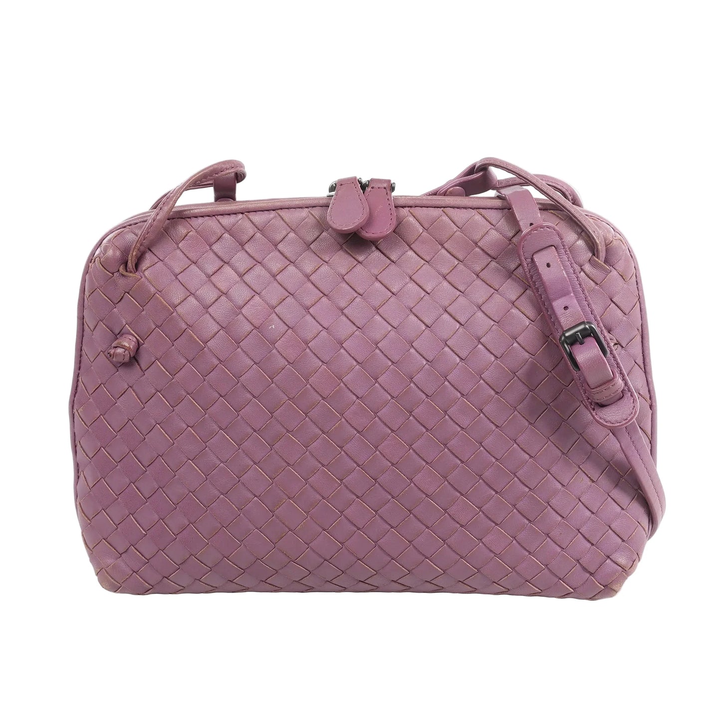 Bottega Veneta Nodini Intrecciato Leather Crossbody Bag in purple lambskin with signature woven pattern, adjustable shoulder strap, and top zip closure, displayed on a white background.
