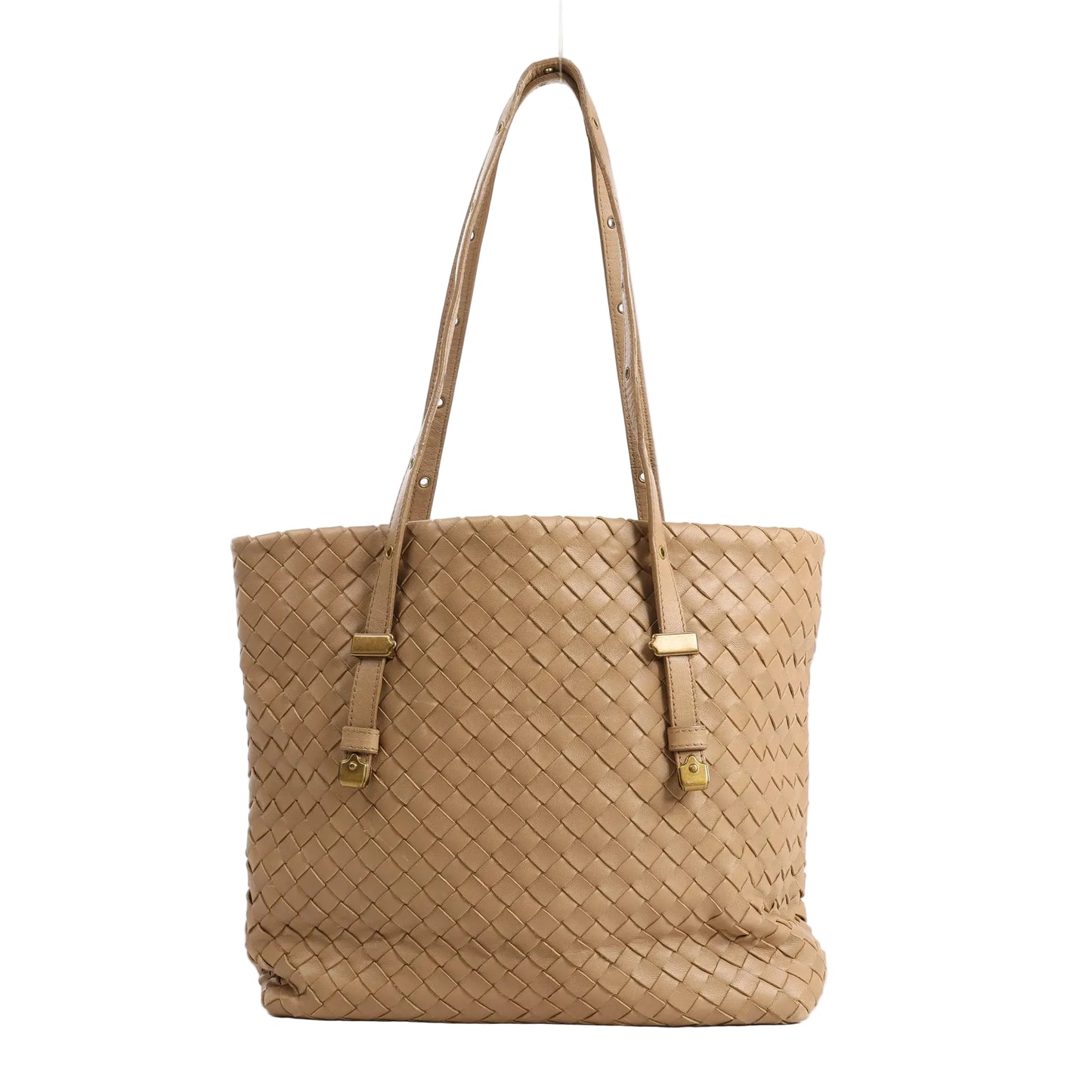 Front view of a Bottega Veneta shoulder bag in beige Intrecciato woven leather, featuring dual adjustable straps with gold-tone hardware and a soft, roomy silhouette.