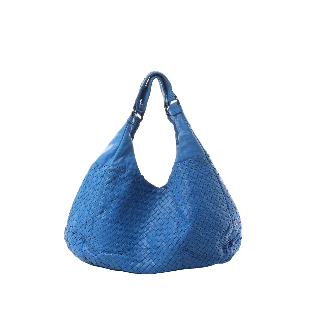 Blue Bottega Veneta Intrecciato woven leather hobo shoulder bag with slouchy silhouette and single shoulder strap.