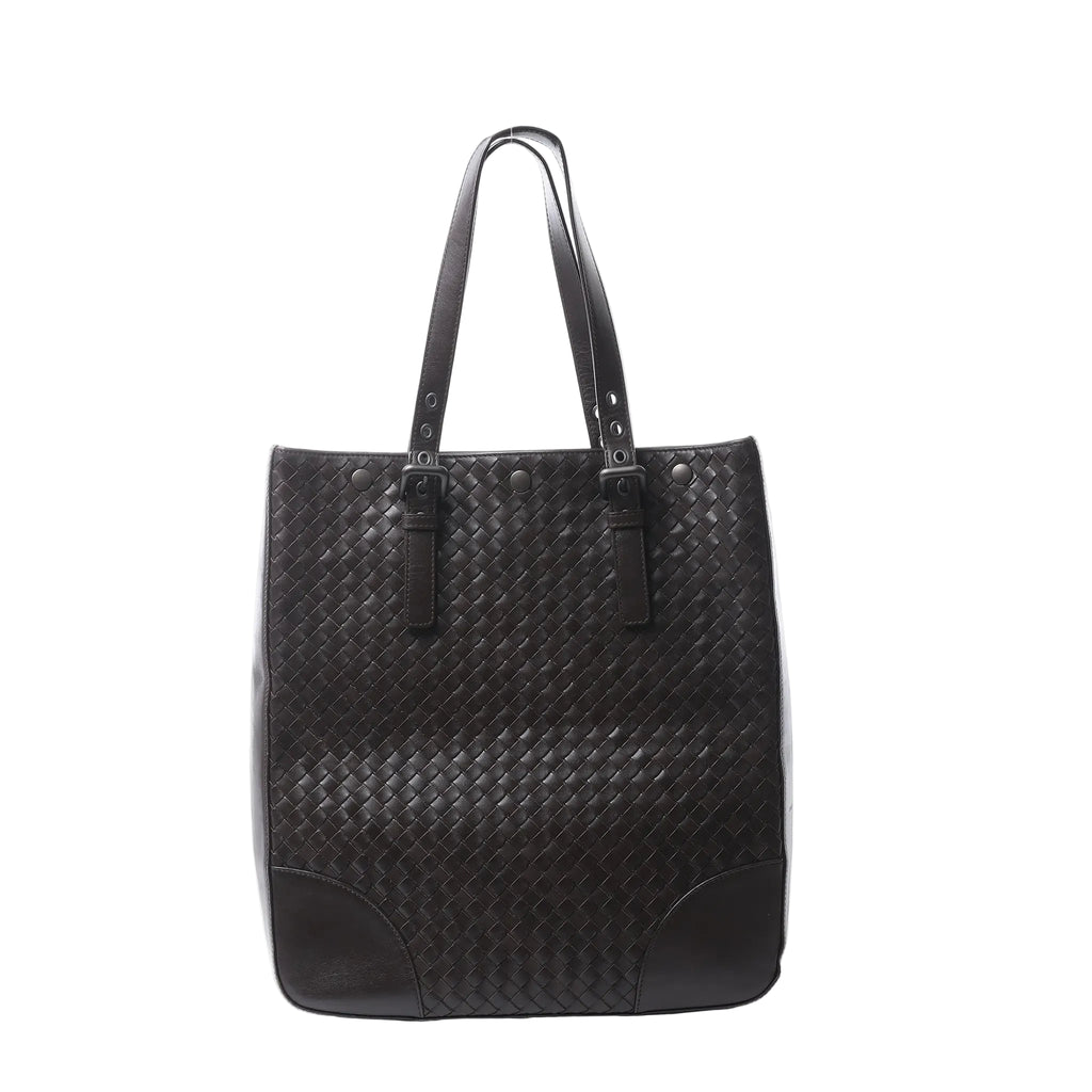 Bottega Veneta shoulder bag in dark brown woven Intrecciato leather with slim shoulder straps, buckle details and smooth leather corner panels.