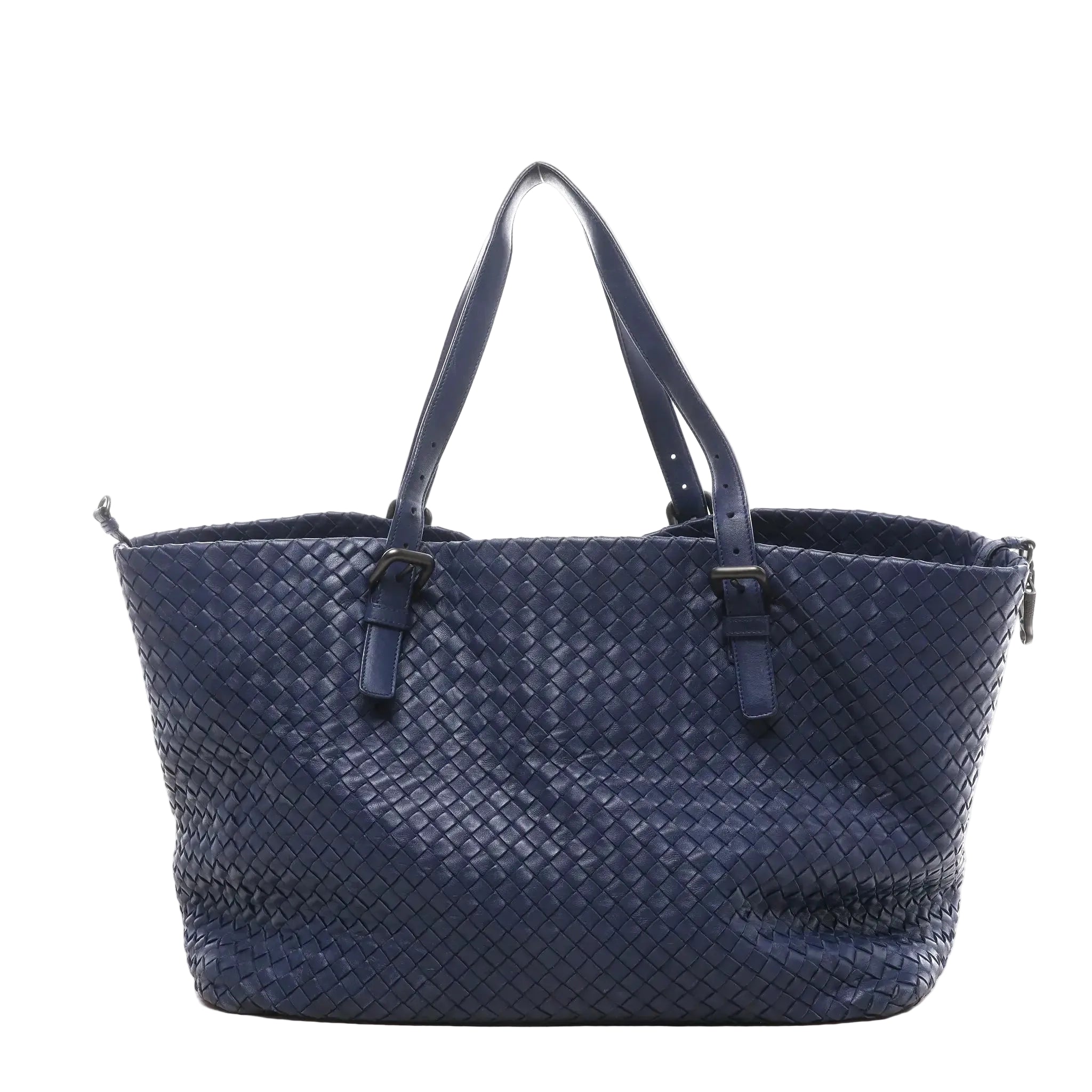 Navy blue Bottega Veneta Intrecciato woven leather shoulder tote bag with two long top handles featuring small buckle details, shown on a white background.