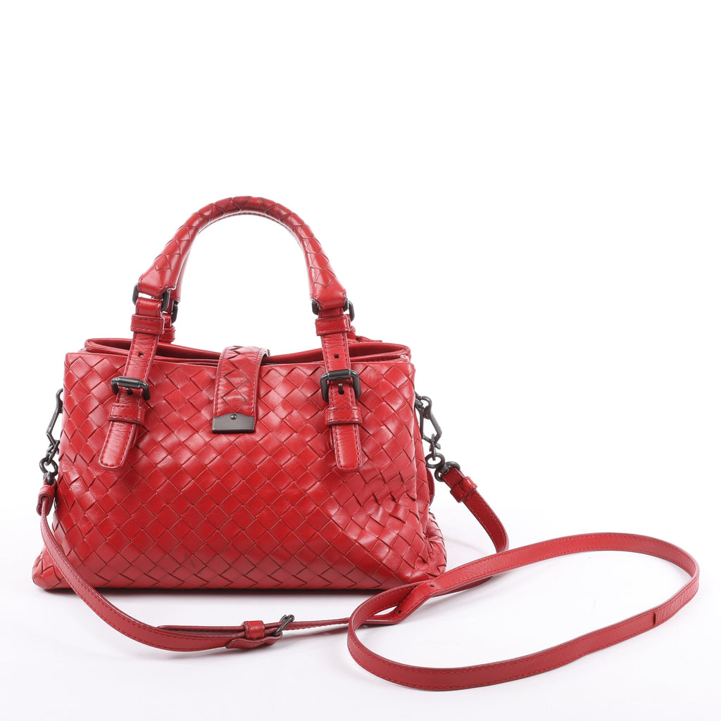 Bottega Veneta Intrecciato Roma Leather Handbag in Red