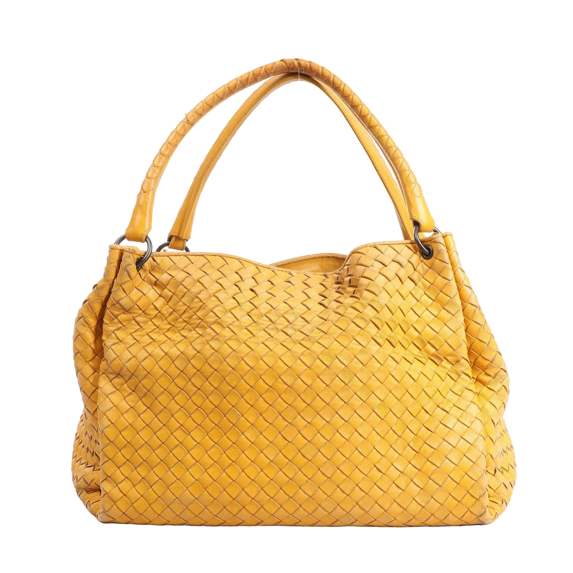 Front view of a Bottega Veneta shoulder bag in yellow Intrecciato woven leather, featuring dual rounded handles and a soft, slouchy silhouette.