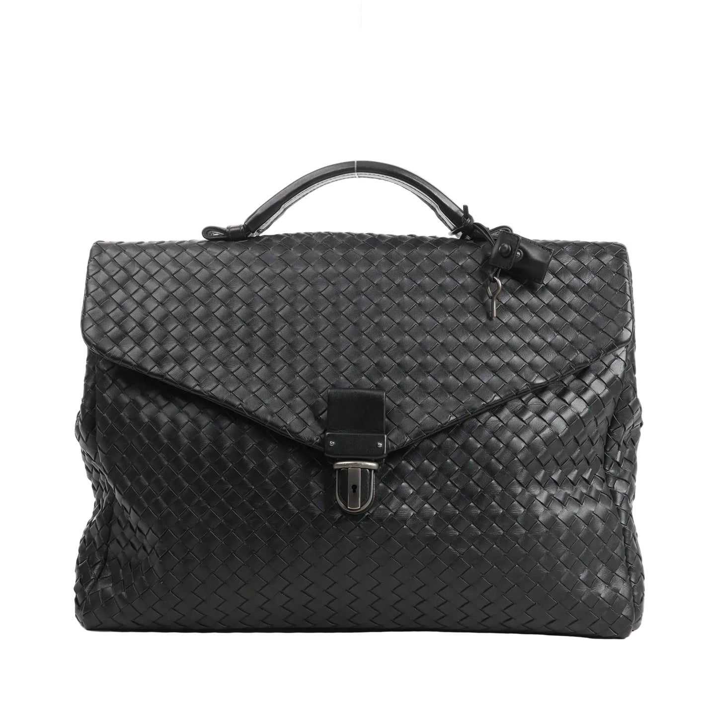 Front view of a Bottega Veneta handbag in black Intrecciato woven leather, featuring a structured top handle, flap closure with lock detail, and attached key.