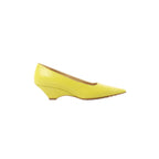 Yellow Bottega Veneta pointed-toe leather pump with a low wedge heel, shown in side profile on a white background.