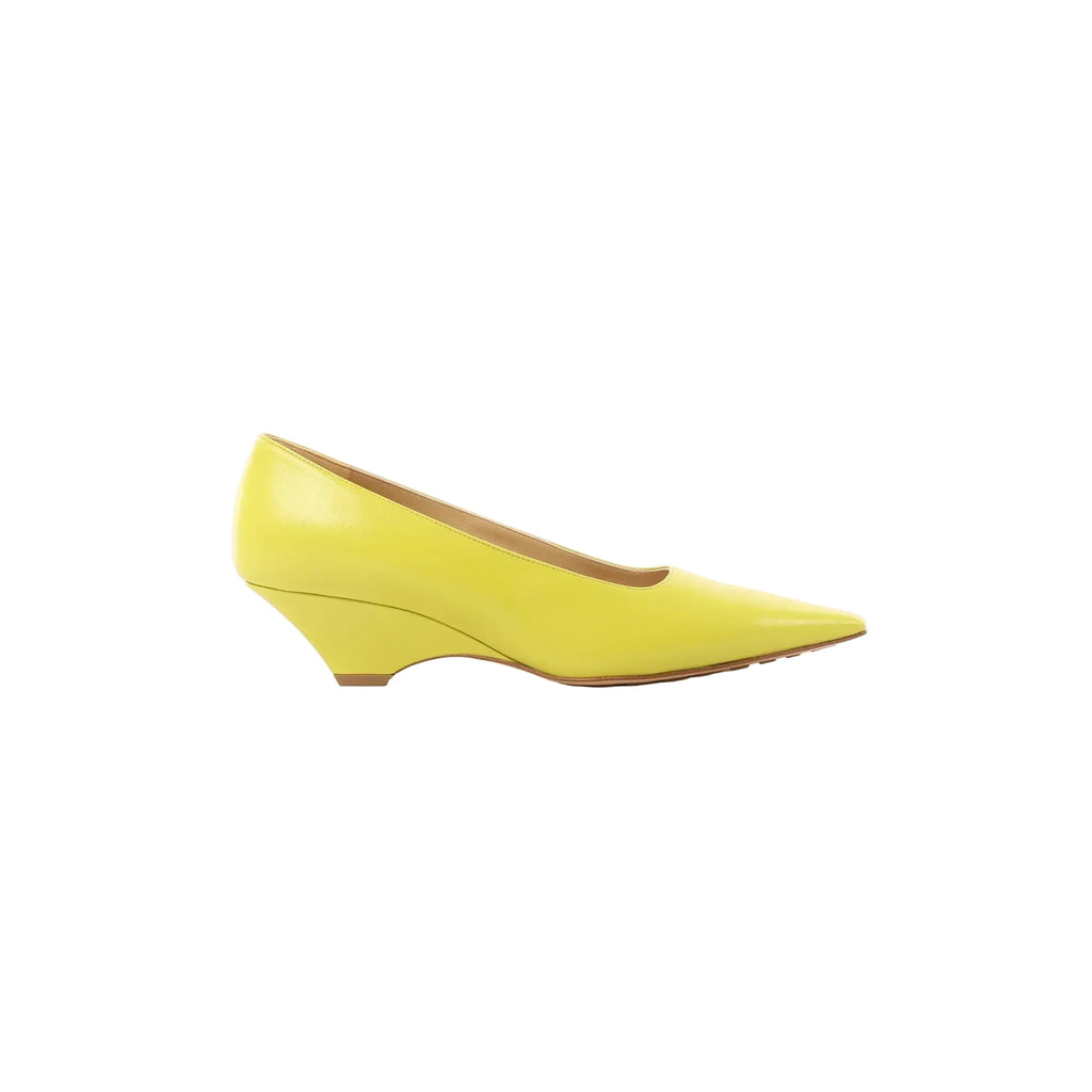 Yellow Bottega Veneta pointed-toe leather pump with a low wedge heel, shown in side profile on a white background.