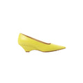 Yellow Bottega Veneta pointed-toe leather pump with a low wedge heel, shown in side profile on a white background.