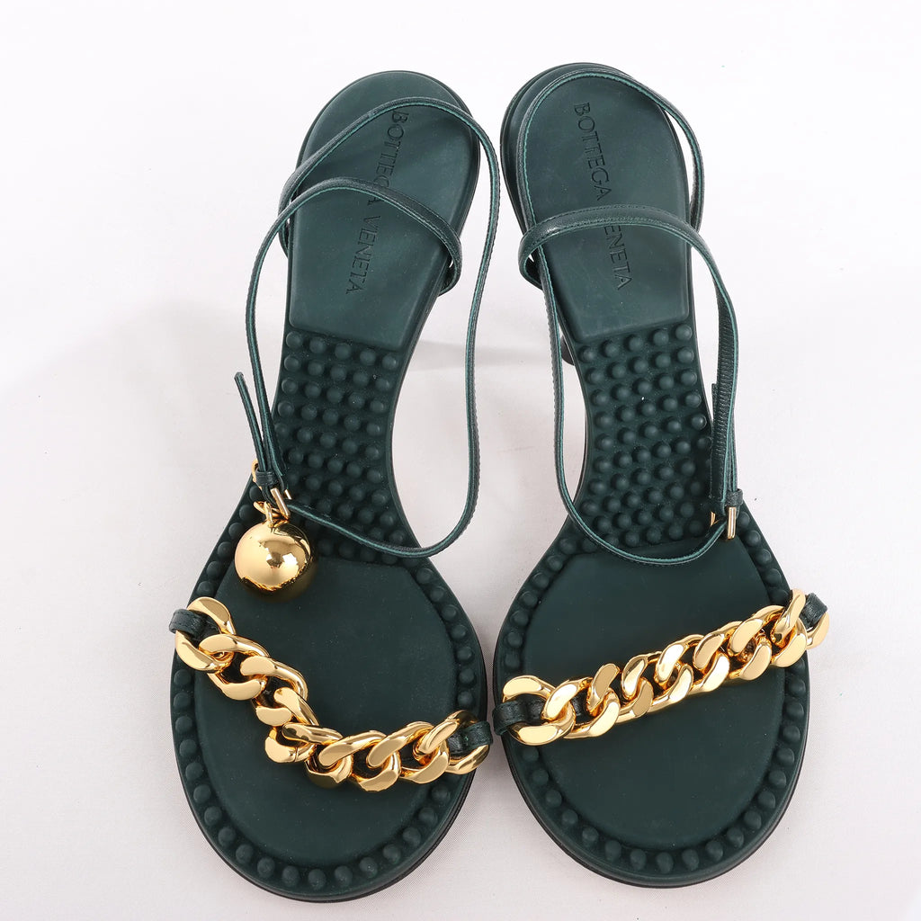 Bottega Veneta Leather Heel Sandals in Green, Size 38 EU