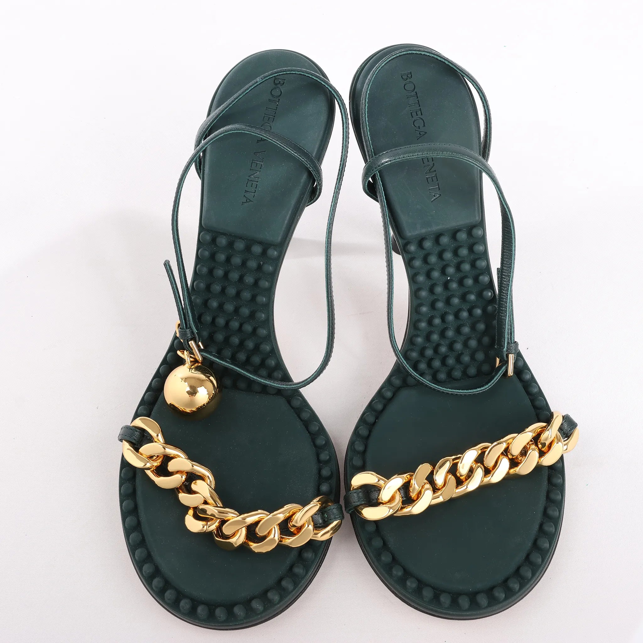Bottega Veneta Leather Heel Sandals in Green, Size 38 EU