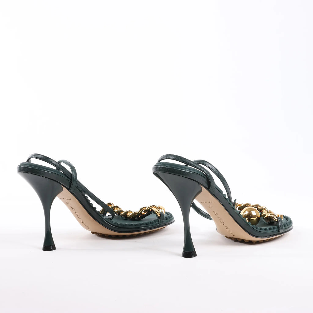Bottega Veneta Leather Heel Sandals in Green, Size 38 EU