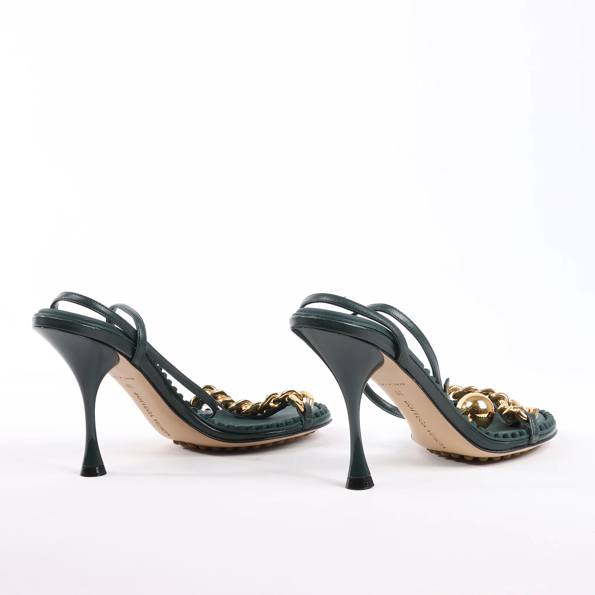 Bottega Veneta Leather Heel Sandals in Green, Size 38 EU