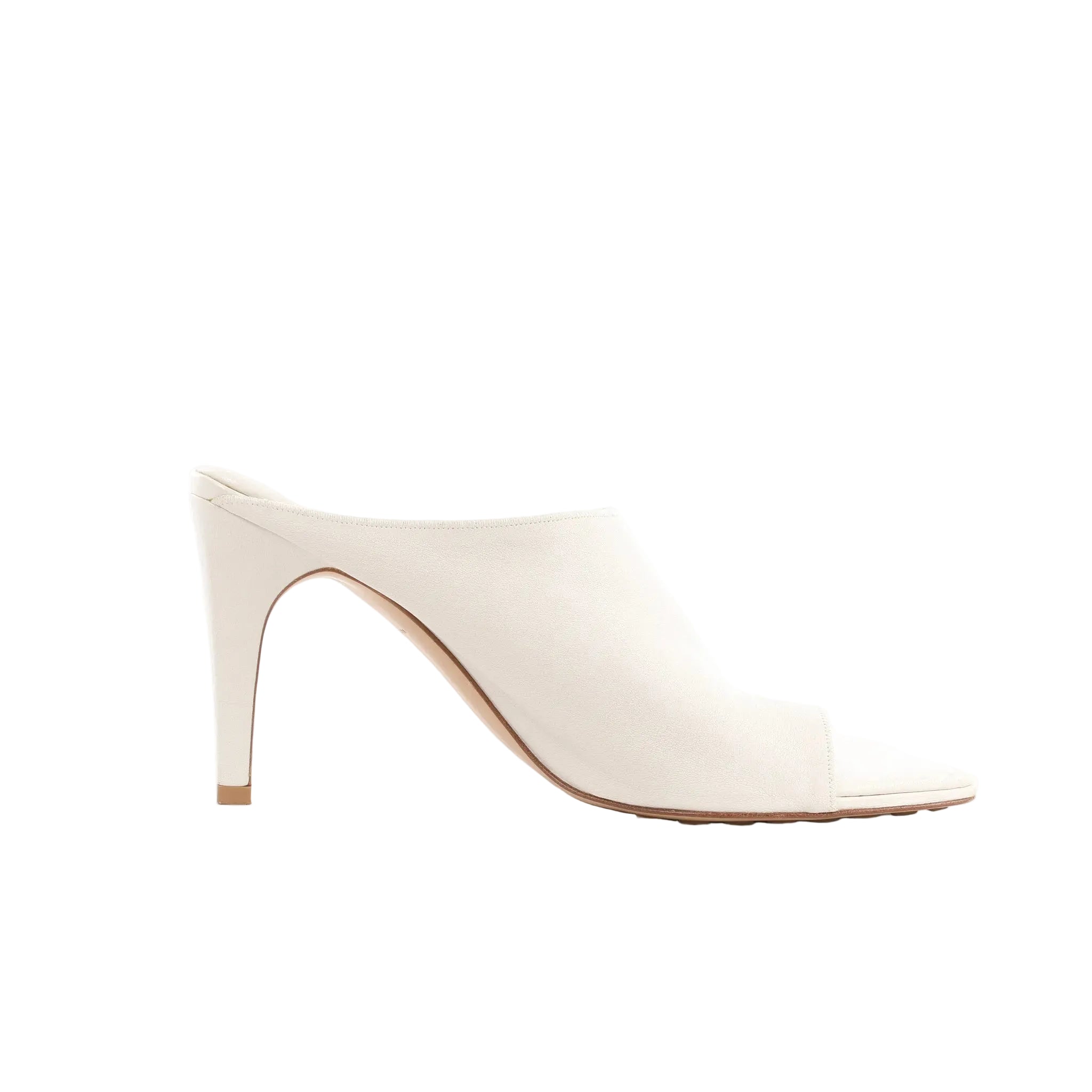 Side view of white Bottega Veneta leather mule with open toe, toe-ring detail, and slim high heel, size 39 EU.