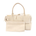 Bottega Veneta Arco Maxi Intrecciato beige leather and shearling handbag with top handles and matching zip pouch on white background.