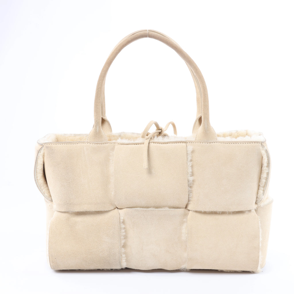 Bottega Veneta Arco Maxi Intrecciato Leather x Shearling Handbag in Beige