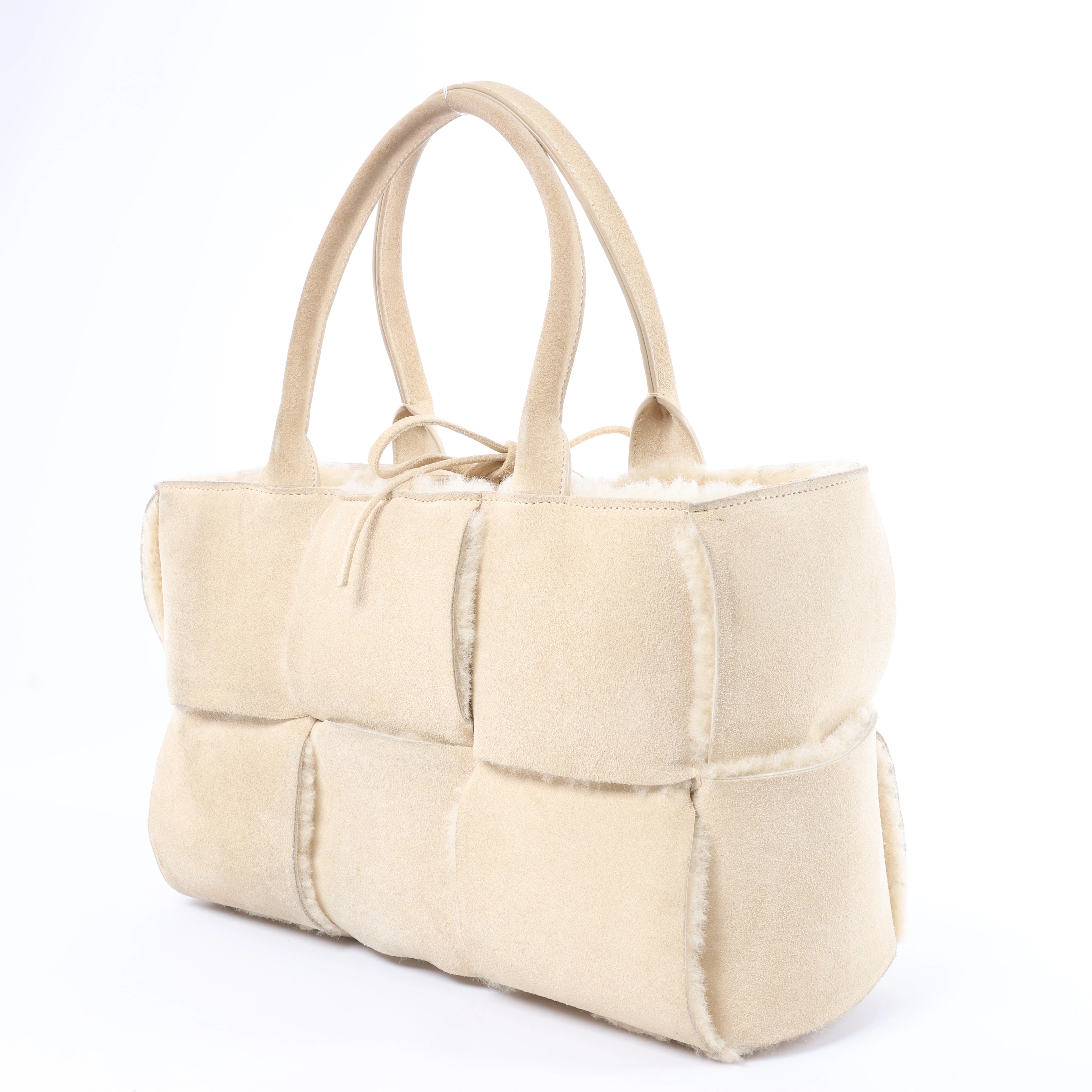 Bottega Veneta Arco Maxi Intrecciato Leather x Shearling Handbag in Beige