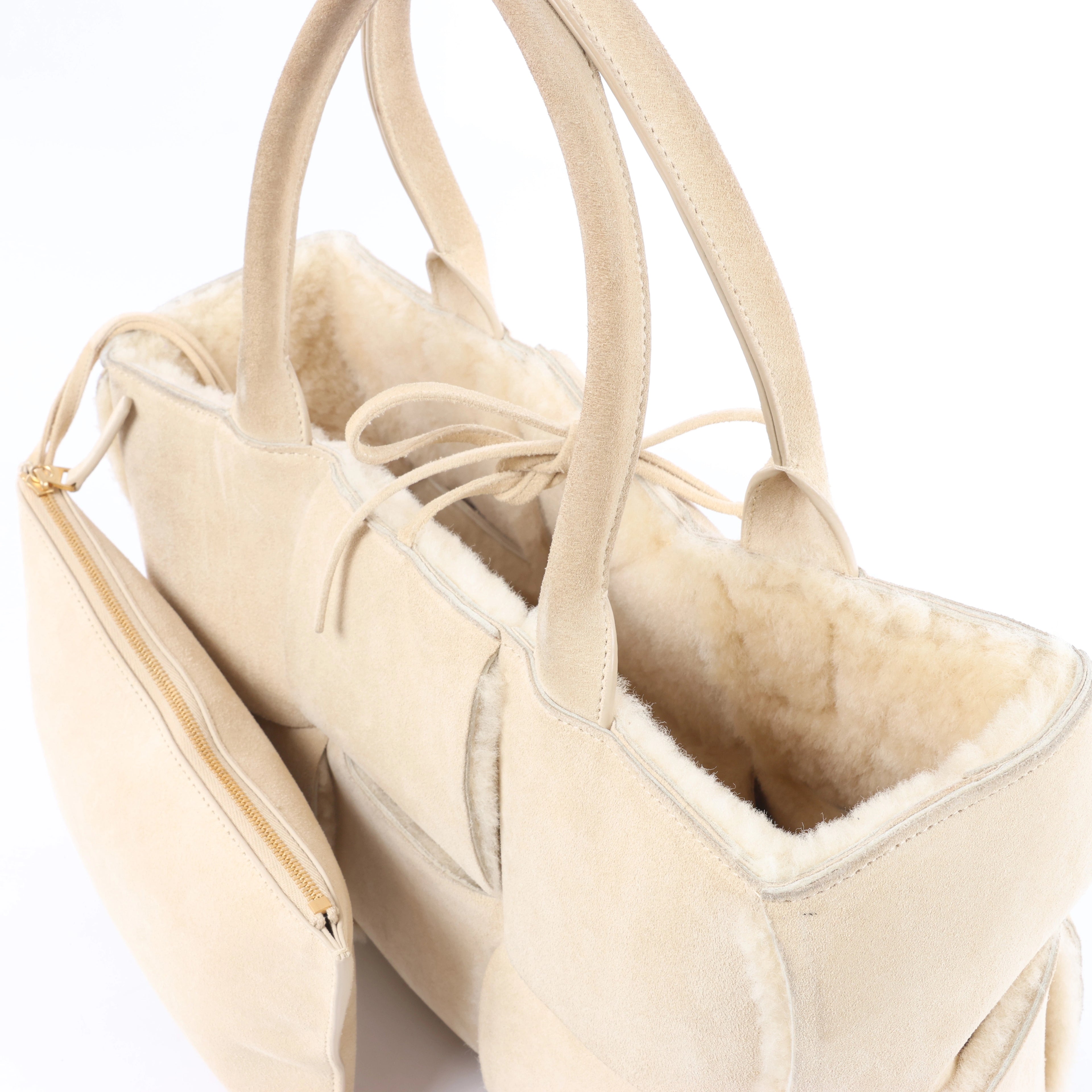 Bottega Veneta Arco Maxi Intrecciato Leather x Shearling Handbag in Beige