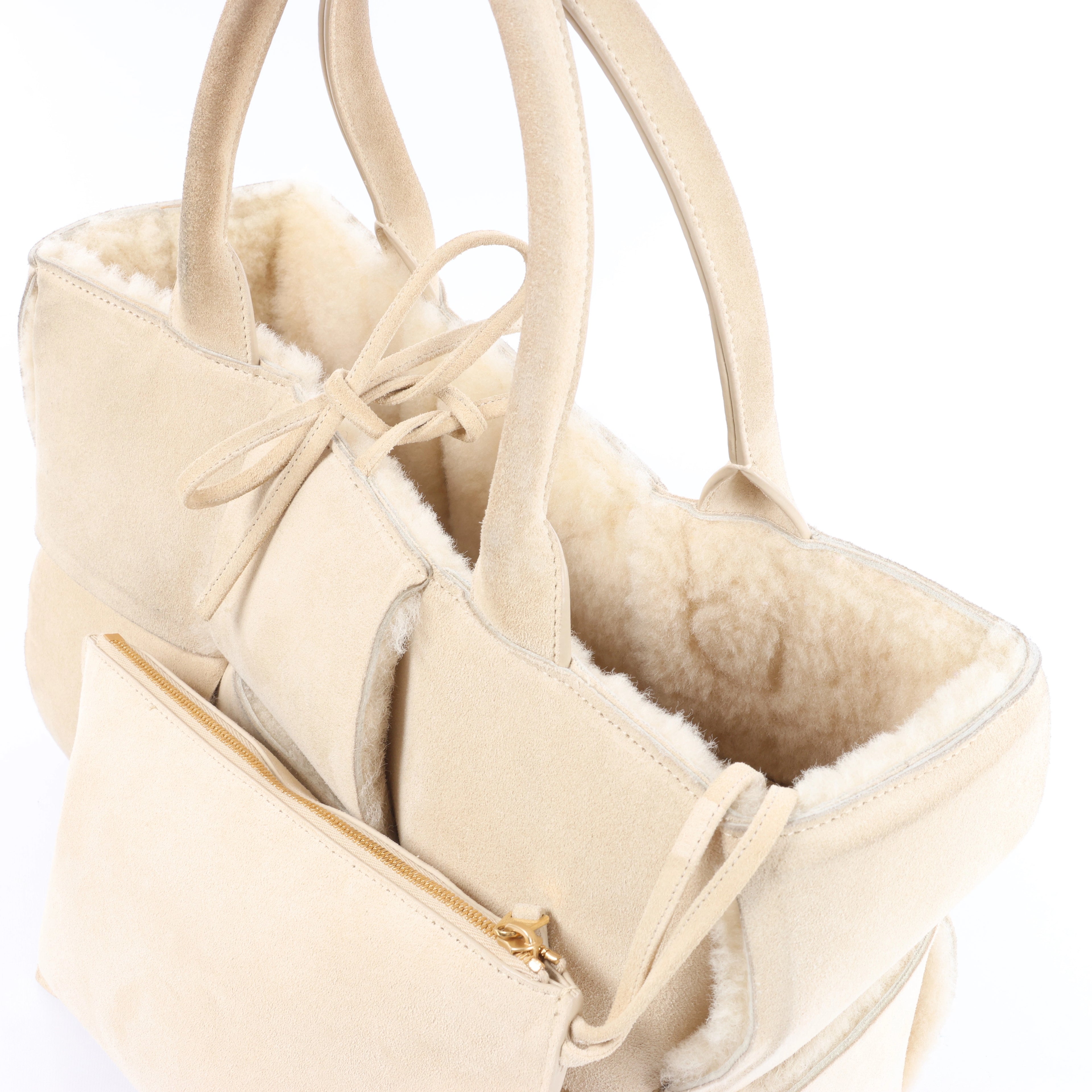 Bottega Veneta Arco Maxi Intrecciato Leather x Shearling Handbag in Beige