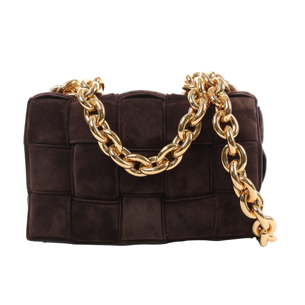 Bottega Veneta Padded Chain Cassette Maxi Intrecciato Suede Shoulder Bag in Brown