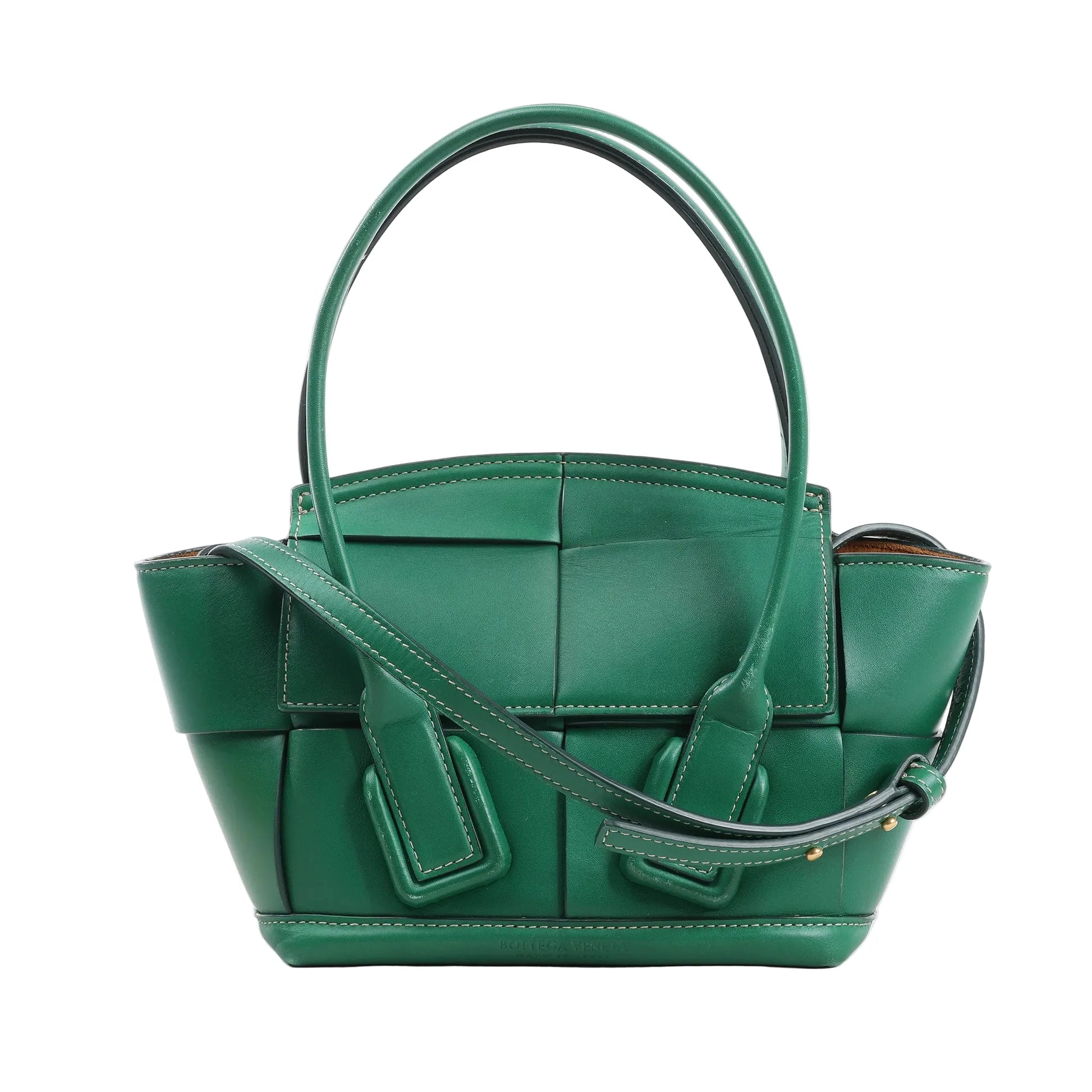 Bottega Veneta Arco Mini 2Way Handbag in green leather, featuring the brand's signature Maxi Intrecciato weave, rounded top handles, adjustable shoulder strap, and structured silhouette, displayed against a white background.