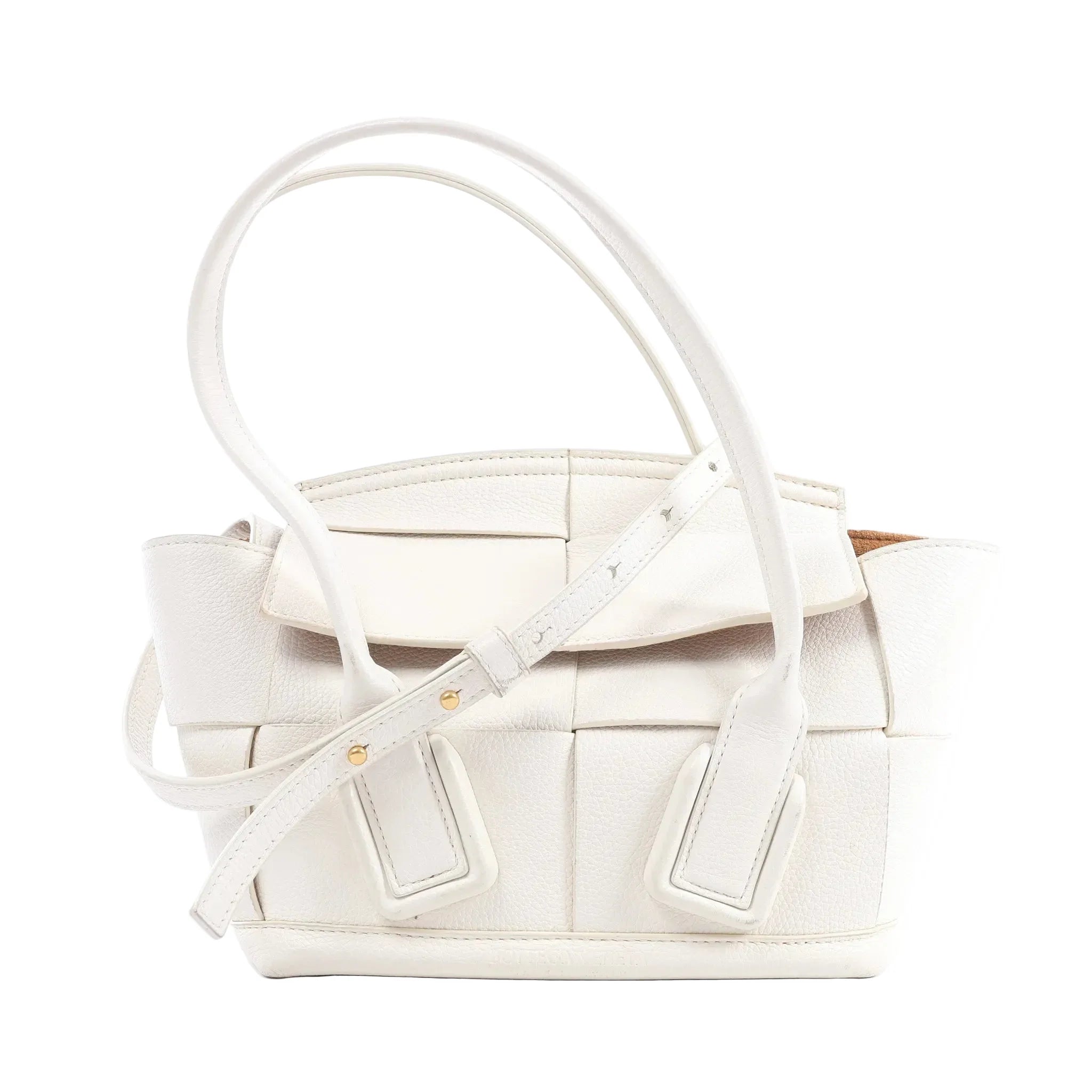 Bottega Veneta Arco Mini handbag in white leather with oversized Intrecciato weave, rounded top handles and an adjustable shoulder strap.