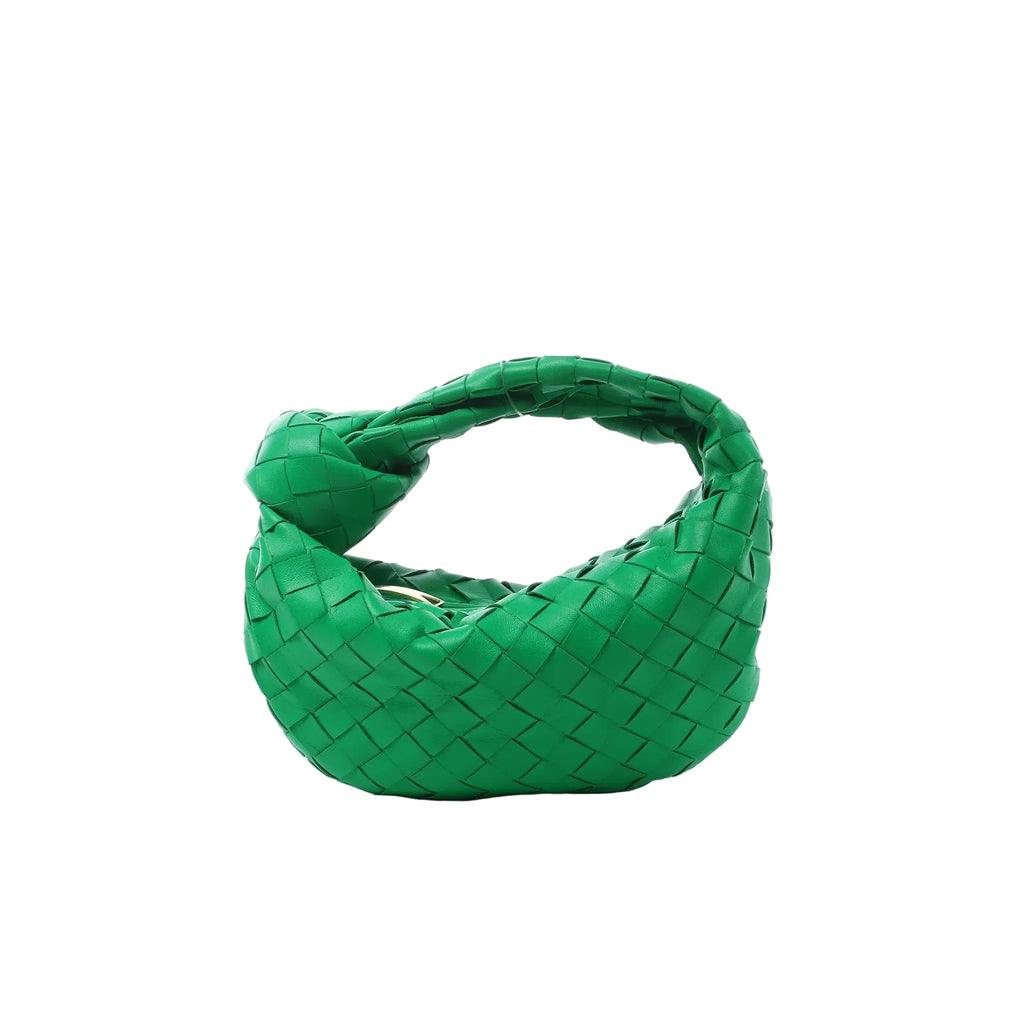 Bottega Veneta Mini Jodie handbag in bright green woven leather with a curved body and signature knotted top handle.